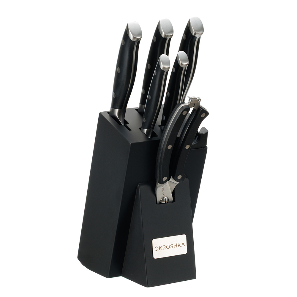 Набор кухонных ножей Tartar в подставке, 5 ножей, ножницы OKROSHKA OK913SP-SET