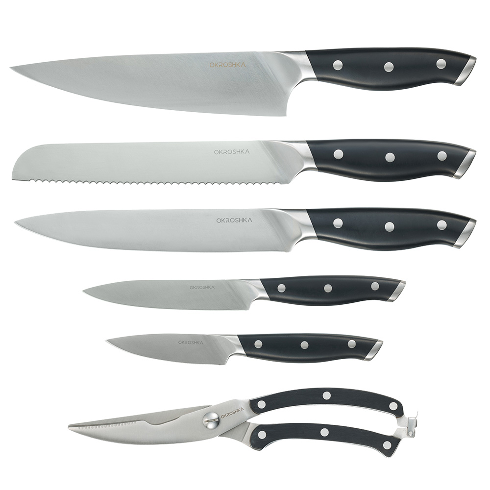 Набор кухонных ножей Tartar в подставке, 5 ножей, ножницы OKROSHKA OK913SP-SET